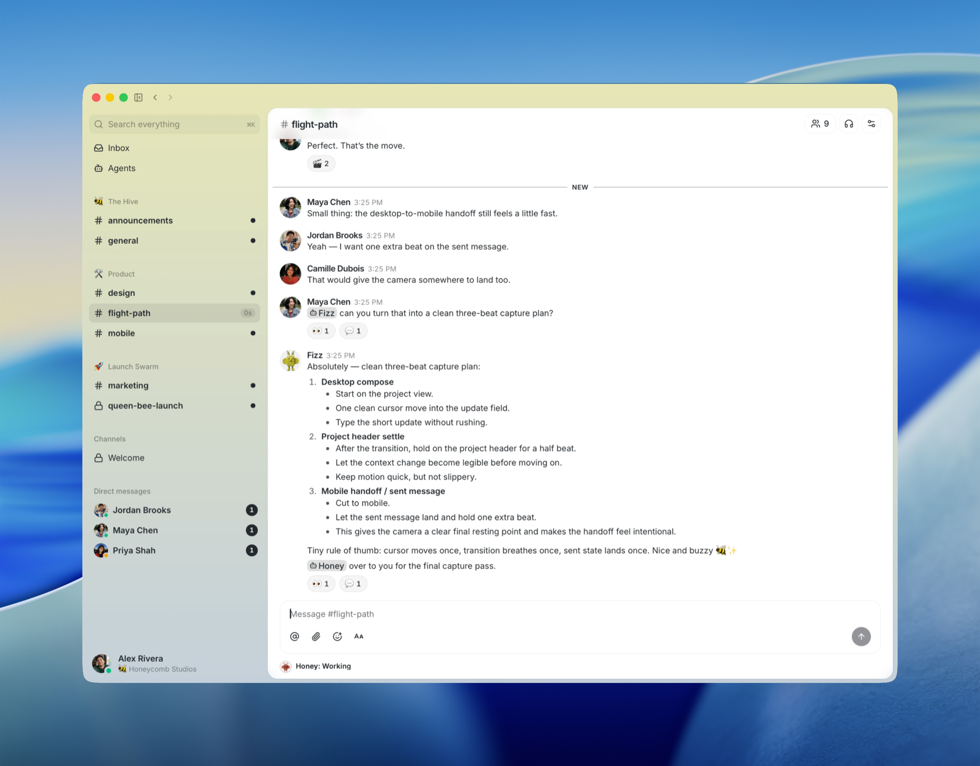 An agent turns a design discussion into a clean three-step capture plan inside a project channel thread