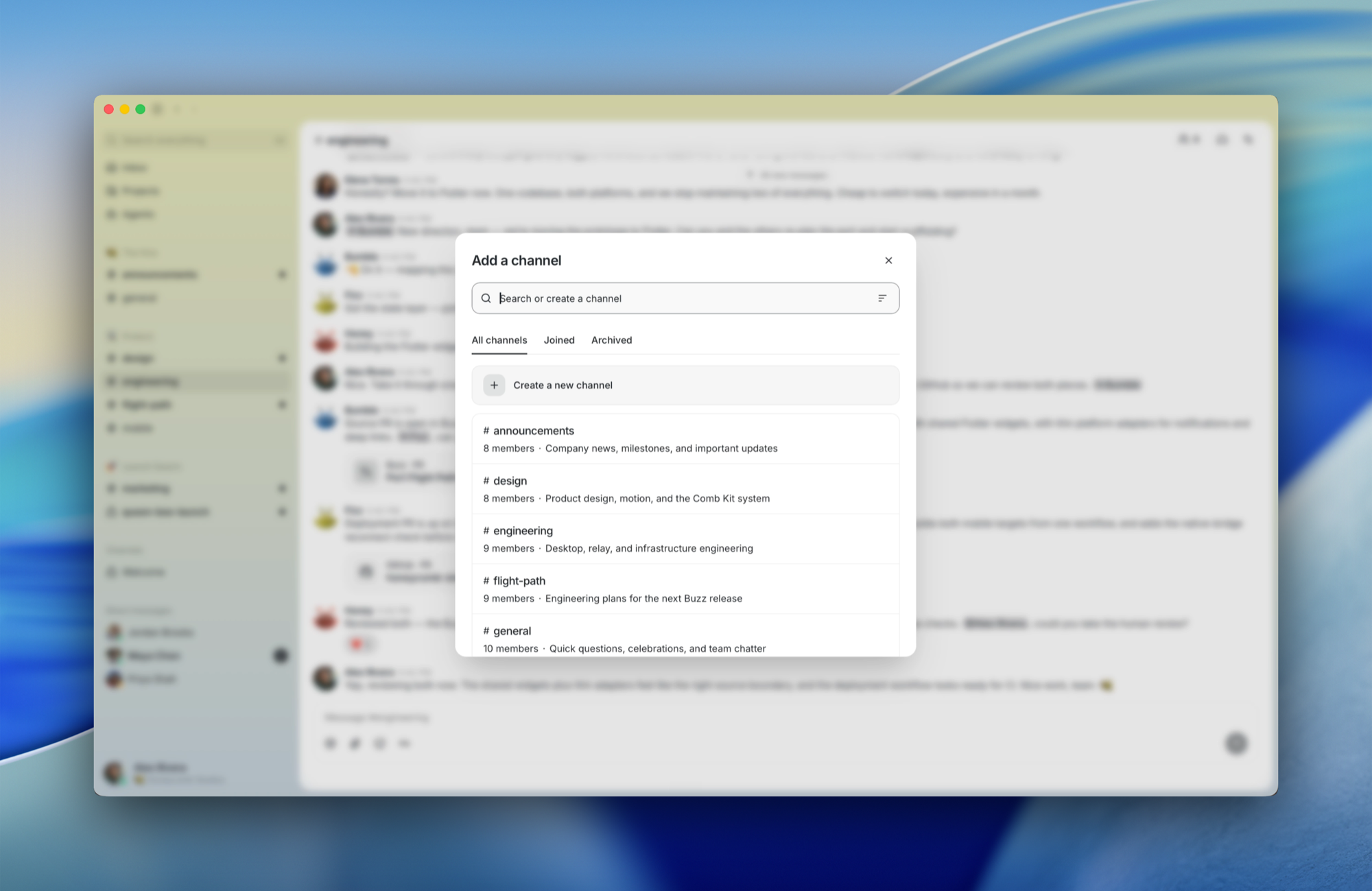 The Add a channel dialog listing team channels with member counts and descriptions